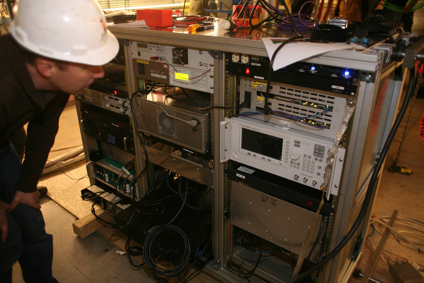 The control electronics for the receiver. This entire rack was also hoisted into the cabin. Now the cabin is pretty much full. Climbing into it requires holding your breath and squeezing through narrow spaces.