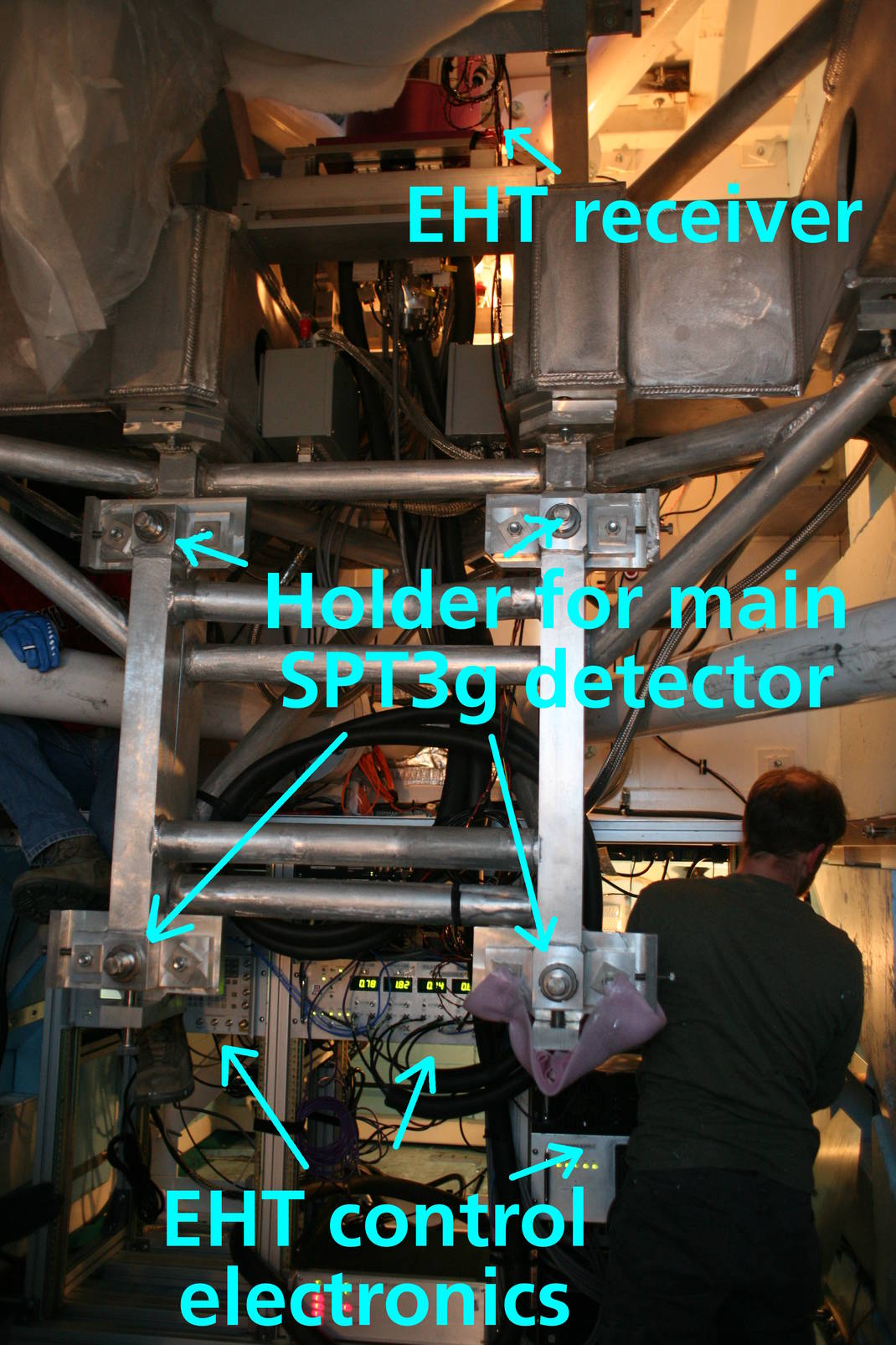 February 2017: a view of EHT in the receiver cabin, a few days before mounting the main SPT3g receiver.