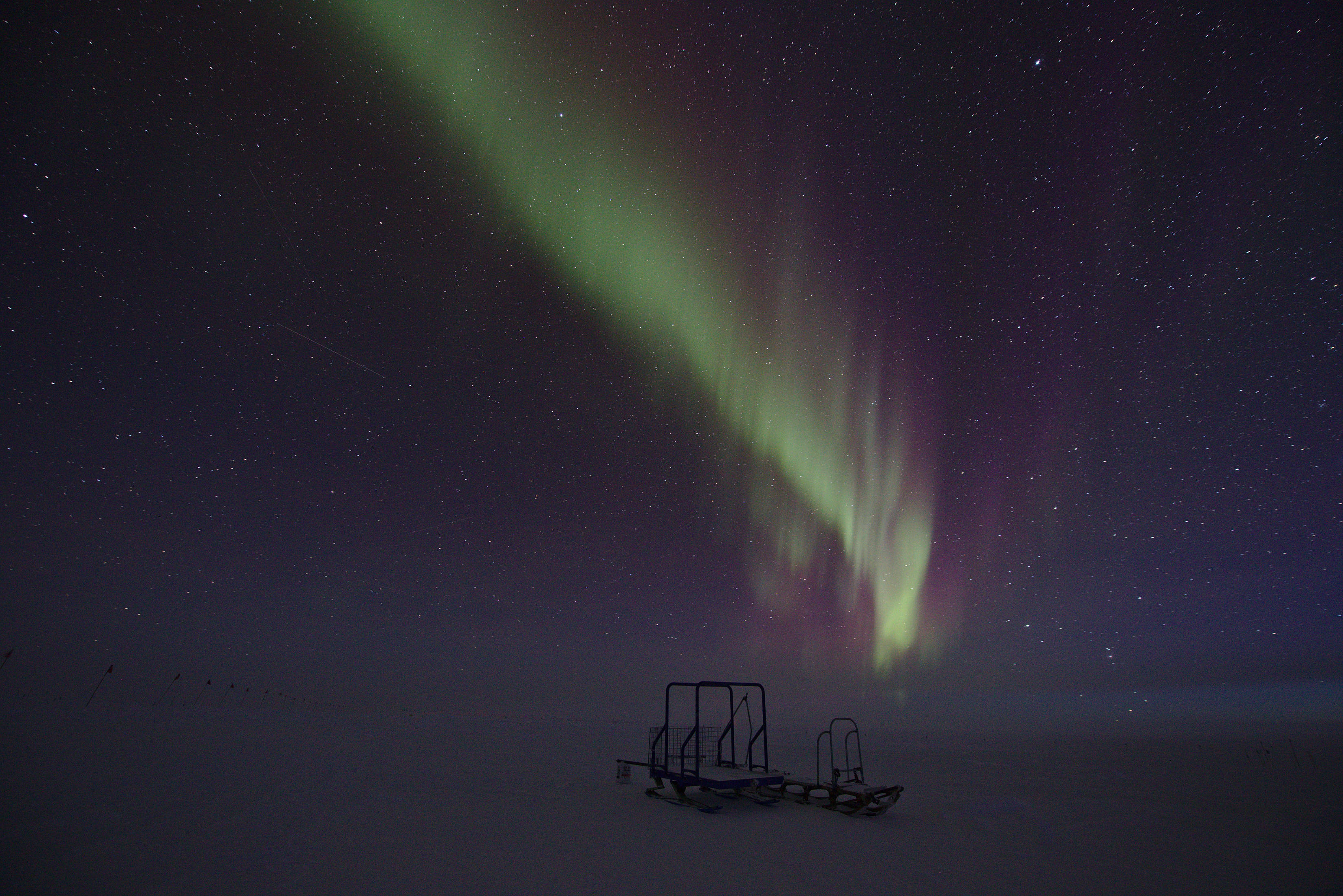 Two abandoned frozen sleds waiting for the summer season